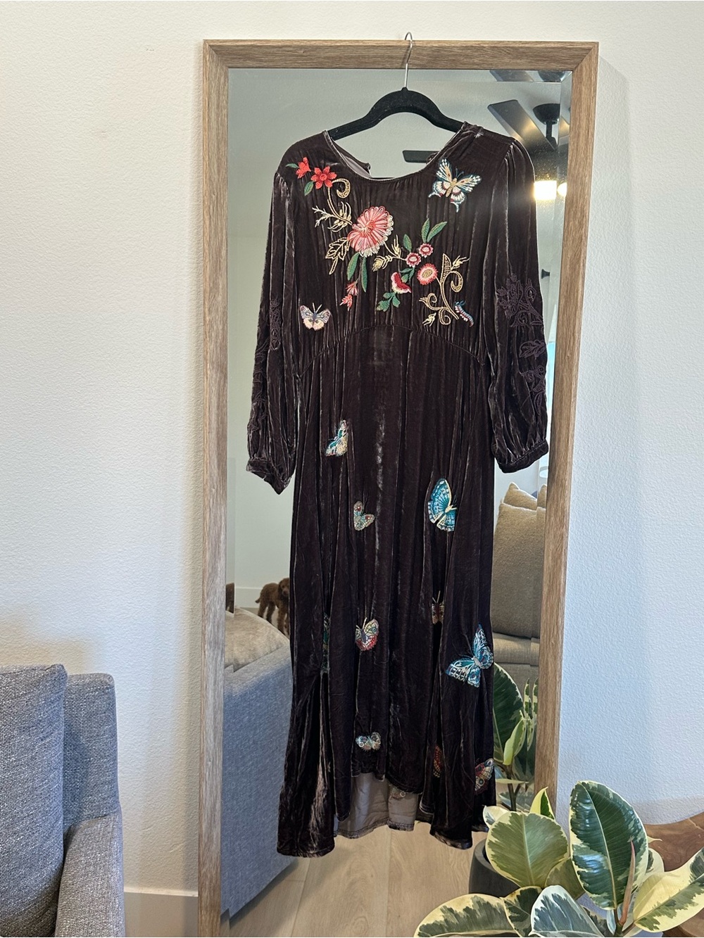 Embroidered Velvet Maxi Dress - Brown with Floral & Butterfly Appliqué